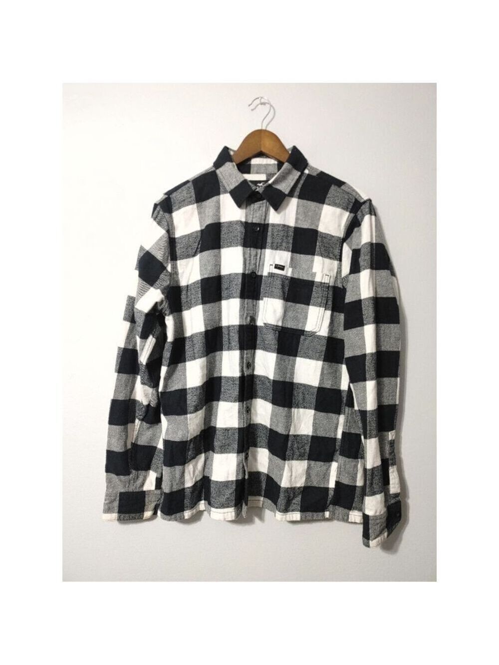 Men's Hollister Button Down Cotton Flannel Shirt L Buffalo Black/White Plaid